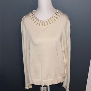 NWOT Adrianna Papell Cream Sweater with Rhinestone & Pearl Accents